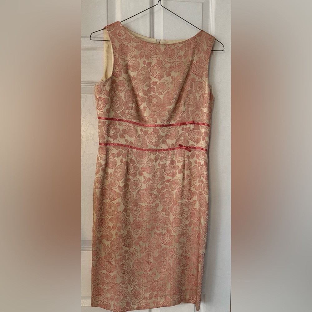 Talbots Beige and Red Rose Midi Dress